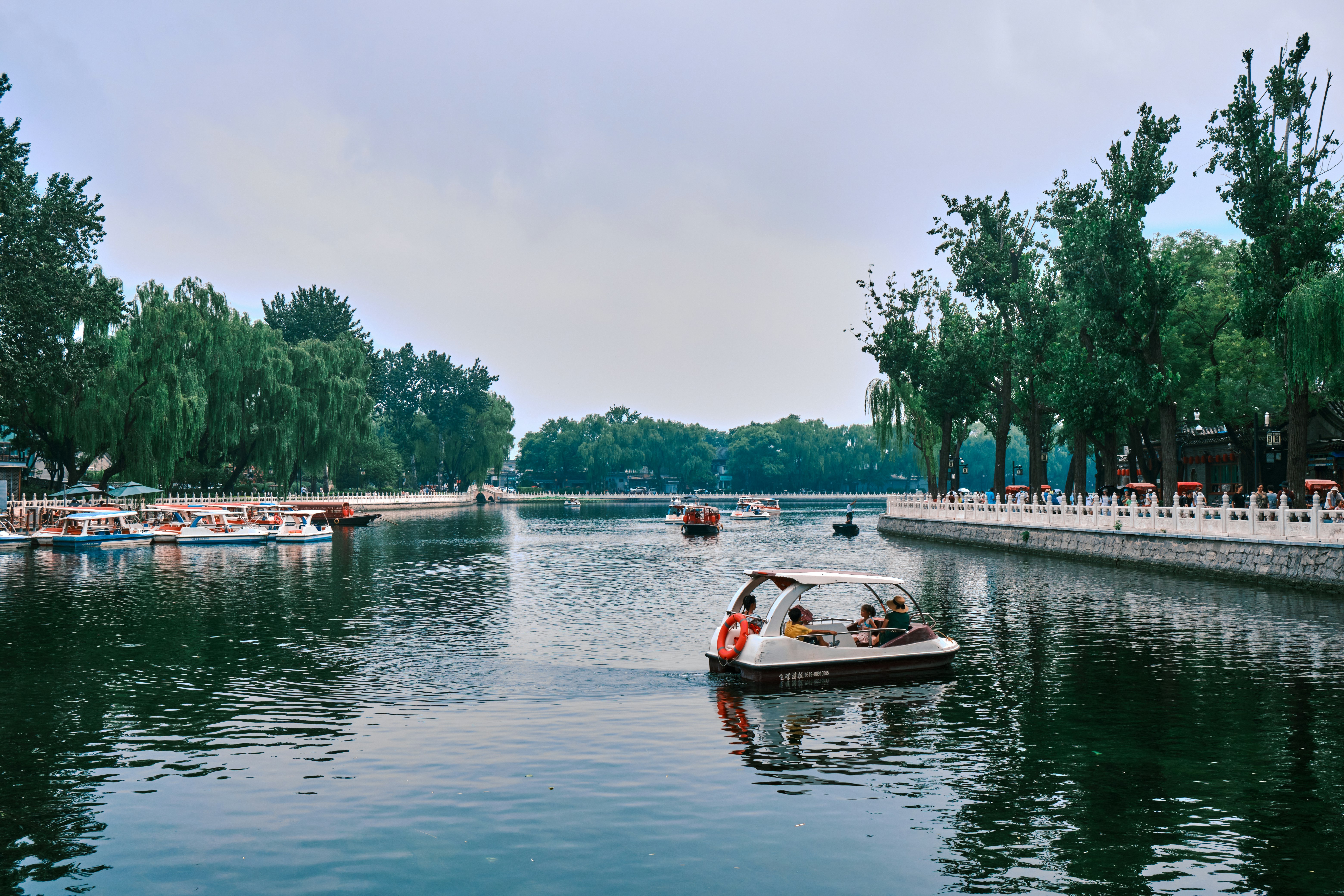 white and red boat on water near green trees during daytime